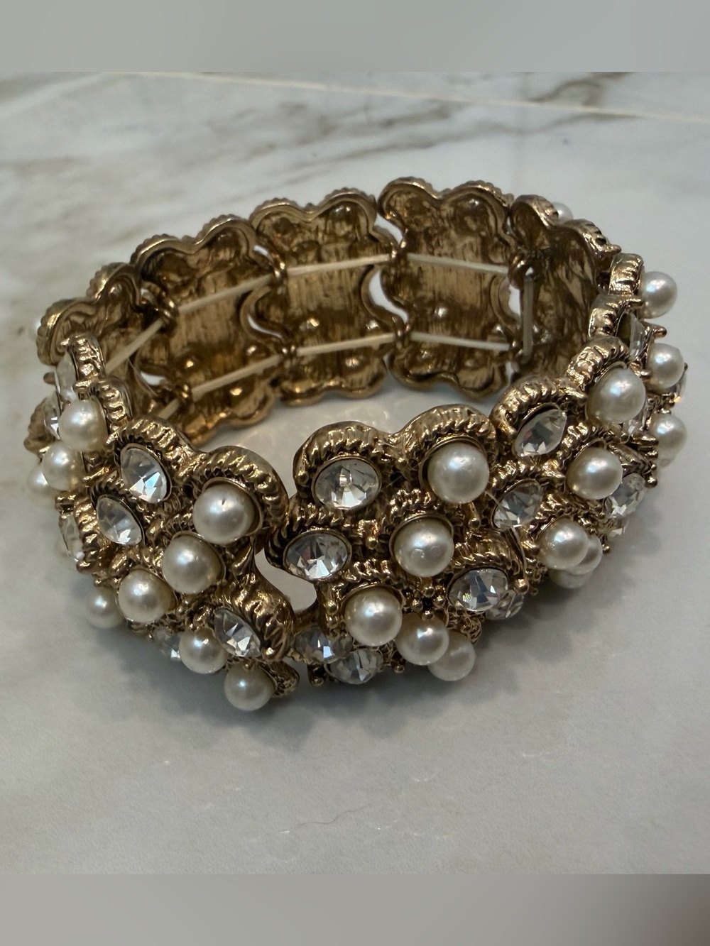 Vintage Gold Tone Faux Pearl & Rhinestone Statement Cuff Bracelet